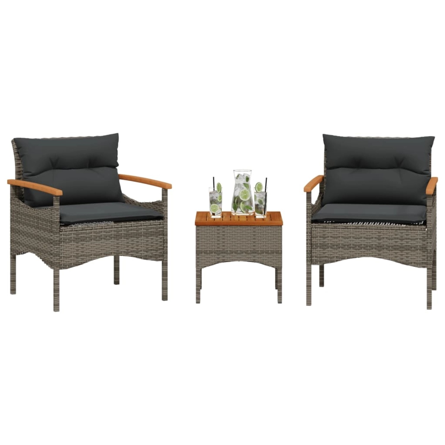 3-tlg. Garten-Sofagarnitur Grau Poly Rattan mit Tisch und Kissen für Terrasse & Garten.