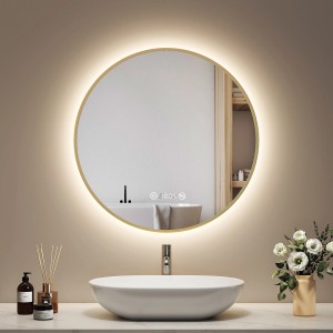Runder LED Badspiegel, 60 cm, mit gebürstetem Goldrahmen, Beleuchtung und Antibeschlagfunktion.