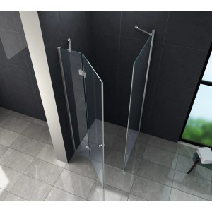 Glasdeals Duschkabine NOVUM 90x90: Rahmenlose Eckeinstiegsdusche mit klarem Glas und silbernen Beschlägen.