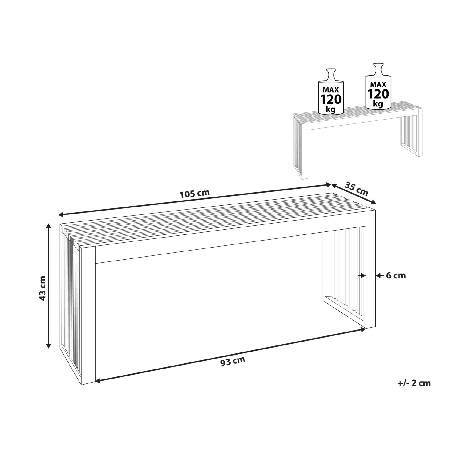 Skizze der hellen Holzfarbenen Gartenbank Beliani 35x105x43 mit Maßangaben.