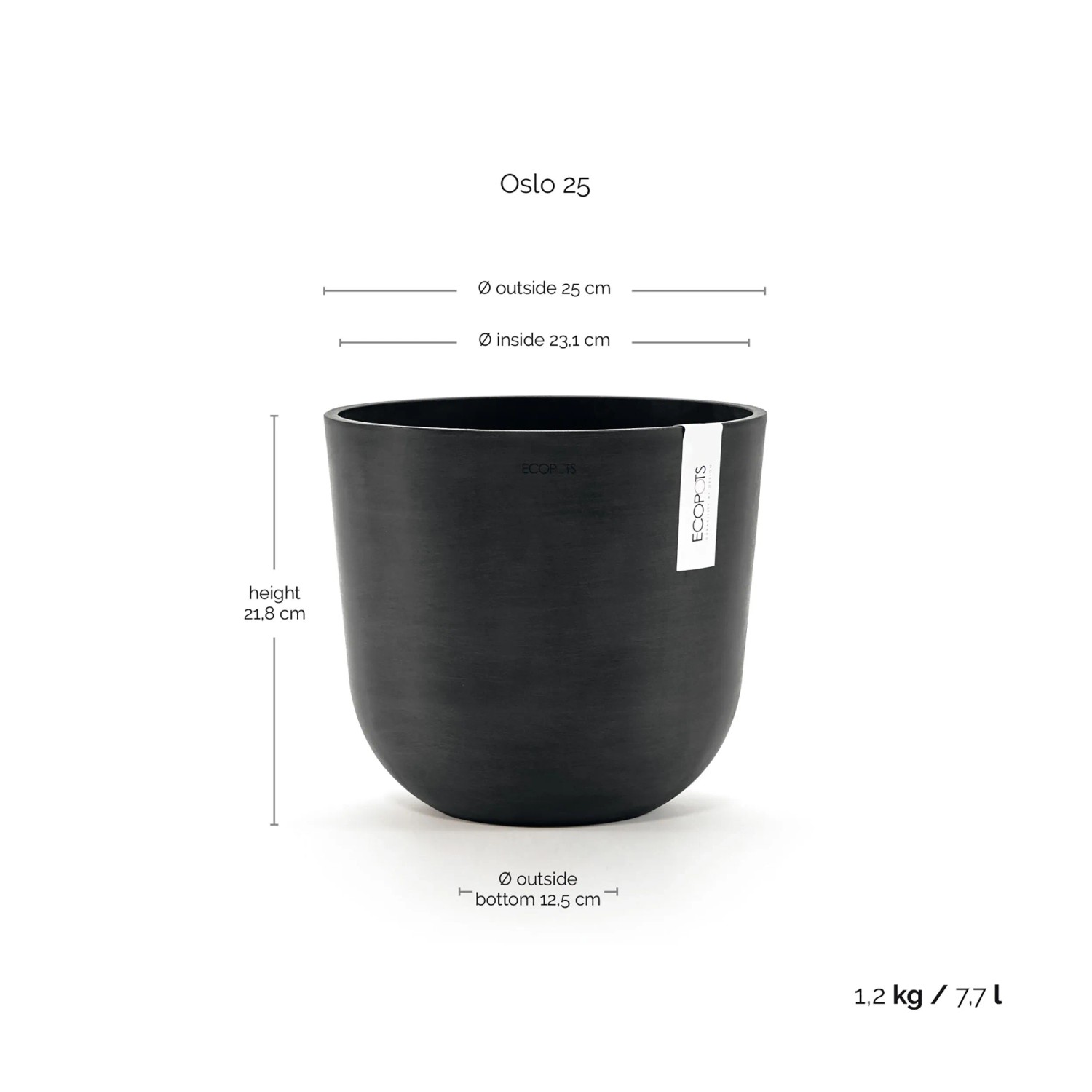 Ecopots Oslo Pflanztopf, dunkelgrau, 25x21,8cm. Skandinavisches Design für Innen- & Außenbereiche.