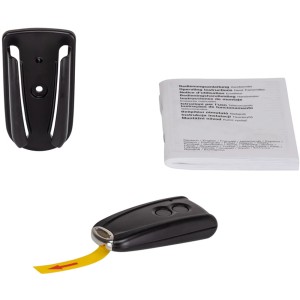 Schwarzer Handsender RSC 4 für Garagentorantriebe mit Halterung und Anleitung.