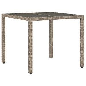 Grauer vidaXL Gartentisch mit Glasplatte, 90x90 cm, aus Poly Rattan.