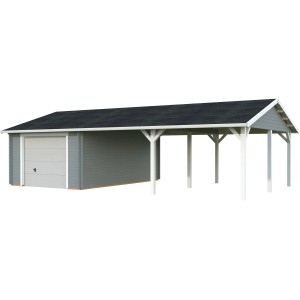 Palmako Garage Roger mit Sektionaltor, grau-weiße Holzgarage mit Carport.