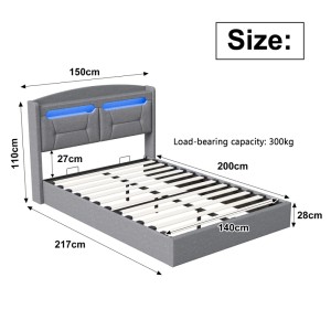 PXloue Doppelbett 140X200cm Polsterbett in Grau mit Stauraum und LED&USB Grau