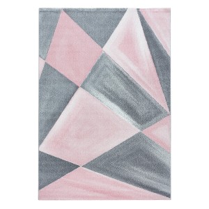 Ayyildiz Kurzflorteppich Beta in Pink und Grau mit geometrischem Muster, 80x250 cm.