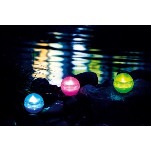 Heissner Solar-Schwimmkugeln Magic Ball 3er-Set in Blau, Pink und Gelb als Teichbeleuchtung.