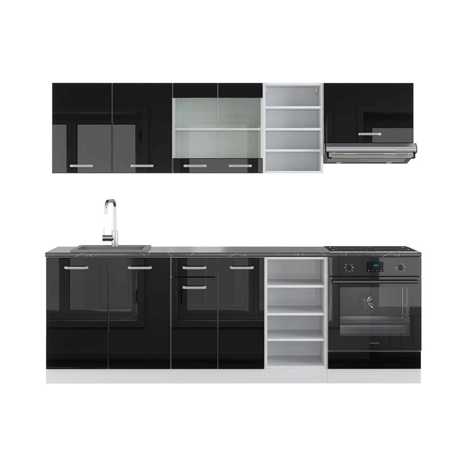 Vicco R-Line Küchenzeile Schwarz Hochglanz/Weiß 240 cm AP Anthrazit günstig online kaufen