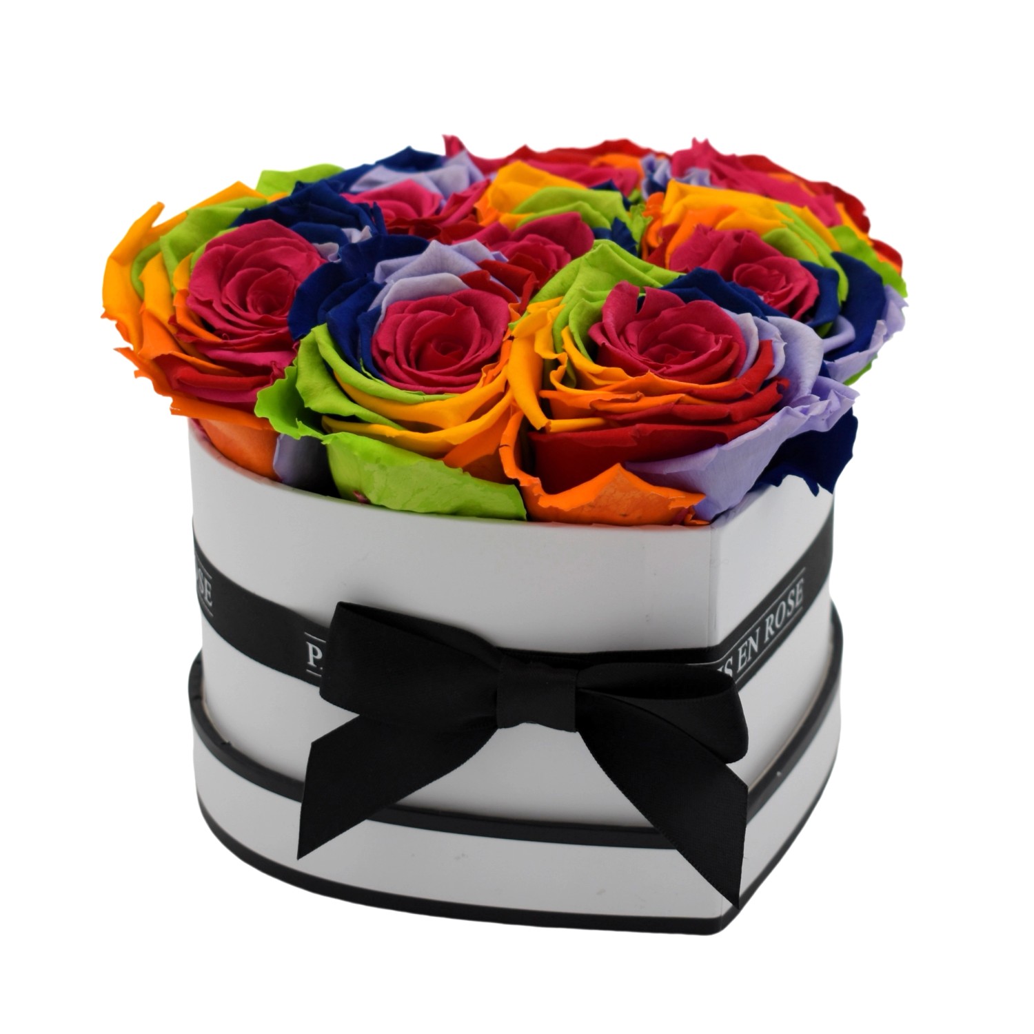 Rosenbox Herz Weiß-Schwarz mit 8 Rainbow Rosen