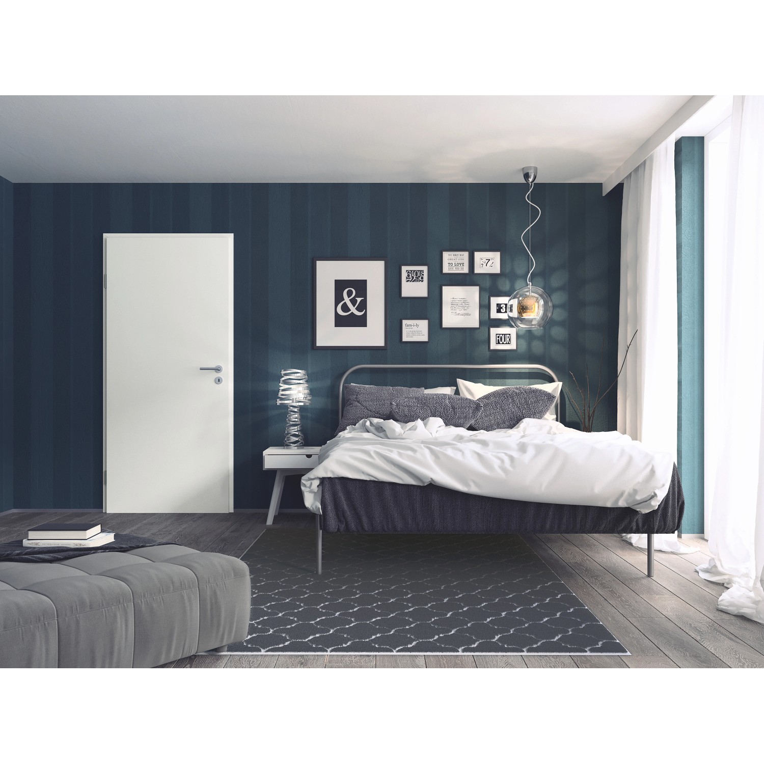 Weisse Zimmertür Brillant Smart, links angeschlagen, in Schlafzimmer-Szene.