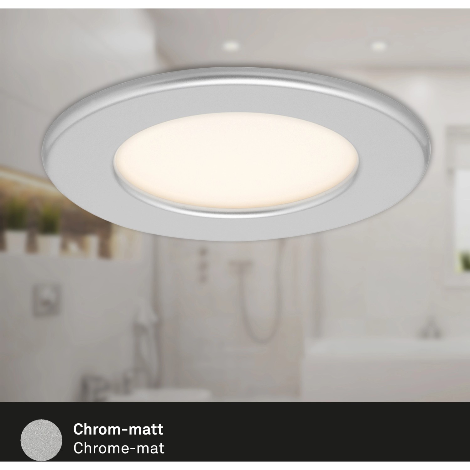 Brilo LED-Einbauleuchte Thin 3er-Set, chrom-matt, warmweißes Licht im Badezimmer.