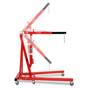 Roter EBERTH Motorkran mit 1000kg Tragkraft, verstellbarer Ausleger und Rollen für Werkstatt.