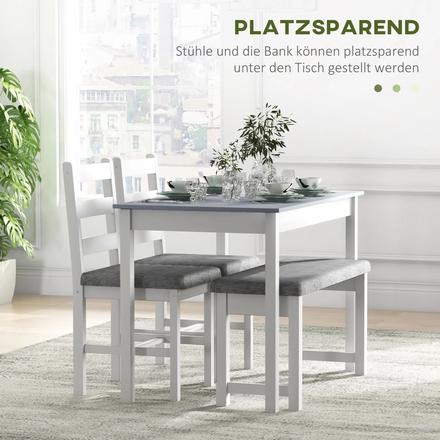 HOMCOM Essgruppe, 4-teilig, grau-weiß: Tisch, Bank und Stühle aus Kiefernholz. Platzsparendes Design.