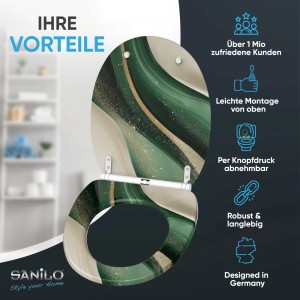 SANILO WC-Sitz Flow mit Absenkautomatik und Top-Fix-Befestigung, grünes Marmor-Design.