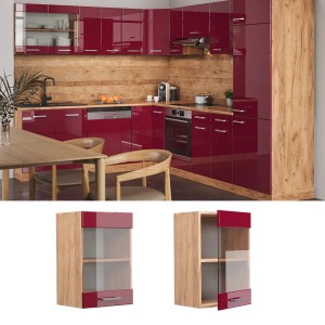 Vicco Küchenglasschrank R-Line Bordeaux/Eiche, 40cm. Hängeschrank mit Glastür für die Küche.