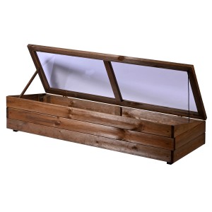 Dobar Frühbeet-Aufsatz aus Holz für Hochbeet, dunkelbraun, mit geöffnetem Deckel.