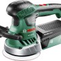 Bosch Exzenterschleifer PEX 400 AE: Grüne Schleifmaschine mit Staubabsaugung und Koffer.