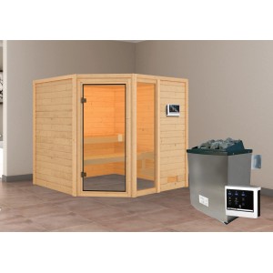 Karibu Sauna Tabea mit Ofen und externer Steuerung, Naturholz mit Glastür.