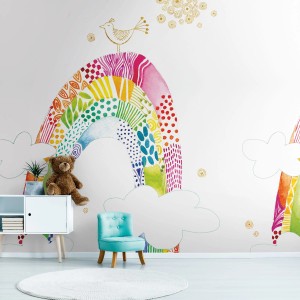 PROFHOME Kindertapete mit Regenbogen, Wolken und Vogel in Weiß, Pink, Gelb und Blau.