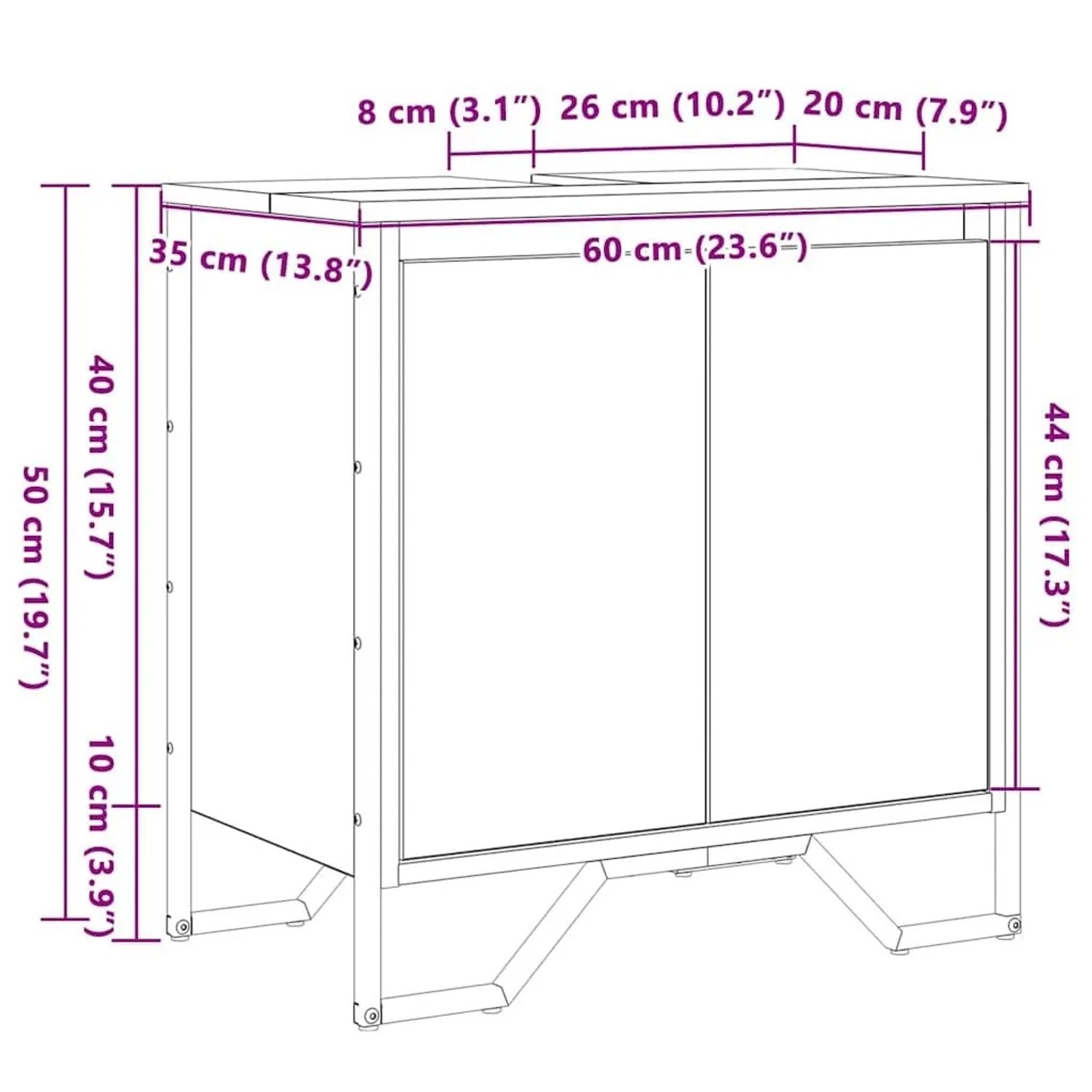 Skizze Waschbeckenschrank vidaXL, schwarz Eichen-Optik, 60x35x60 cm, mit Maßen.