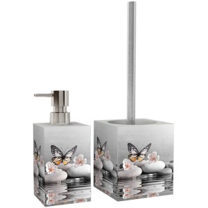 Sanilo Bad Set Vanesa mit Seifenspender und WC-Bürste, verziert mit Schmetterlingen und Steinen.