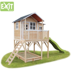 EXIT Loft 750 Holzspielhaus naturel mit Rutsche und Sandkasten.