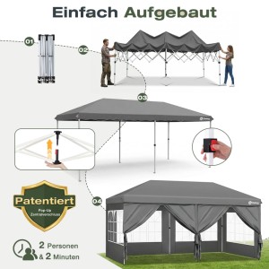 Grauer Sekey Faltpavillon 3x6m mit 6 Seitenteilen im Aufbau. Schritte zeigen Pop-Up Mechanismus, Zentralverschluss und Fenster.
