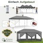 Grauer Sekey Faltpavillon 3x6m mit 6 Seitenteilen im Aufbau. Schritte zeigen Pop-Up Mechanismus, Zentralverschluss und Fenster.