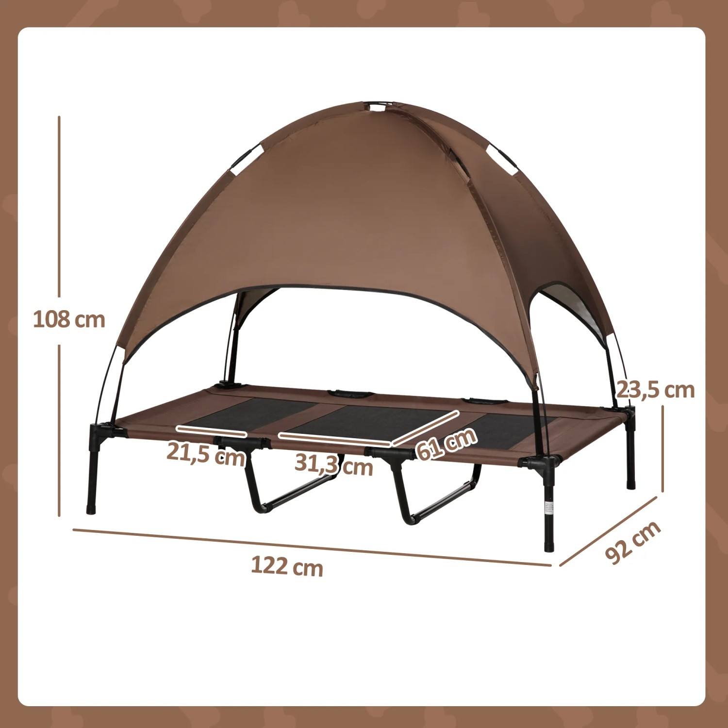 PawHut Hundebett mit Baldachin für Outdoor, braunes Hundesofa mit Sonnenschutz.