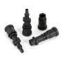 Vier schwarze Kunststoff-Adapter für Rohrreinigungsschlauch und Hochdruckreiniger. Verschiedene Anschlüsse für Abflussreiniger-Set.