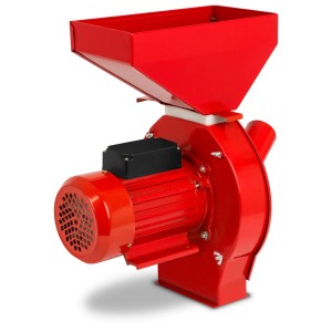 Rote EBERTH Getreidemühle mit 1100 Watt und 52 L Eimer für Zubehör für Geflügel.