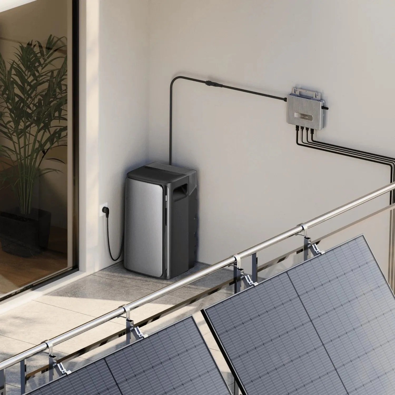 EcoFlow Stream Pro Balkonkraftwerk Speicher auf Balkon mit Solarmodulen und Wechselrichter. 1,92 kWh System.
