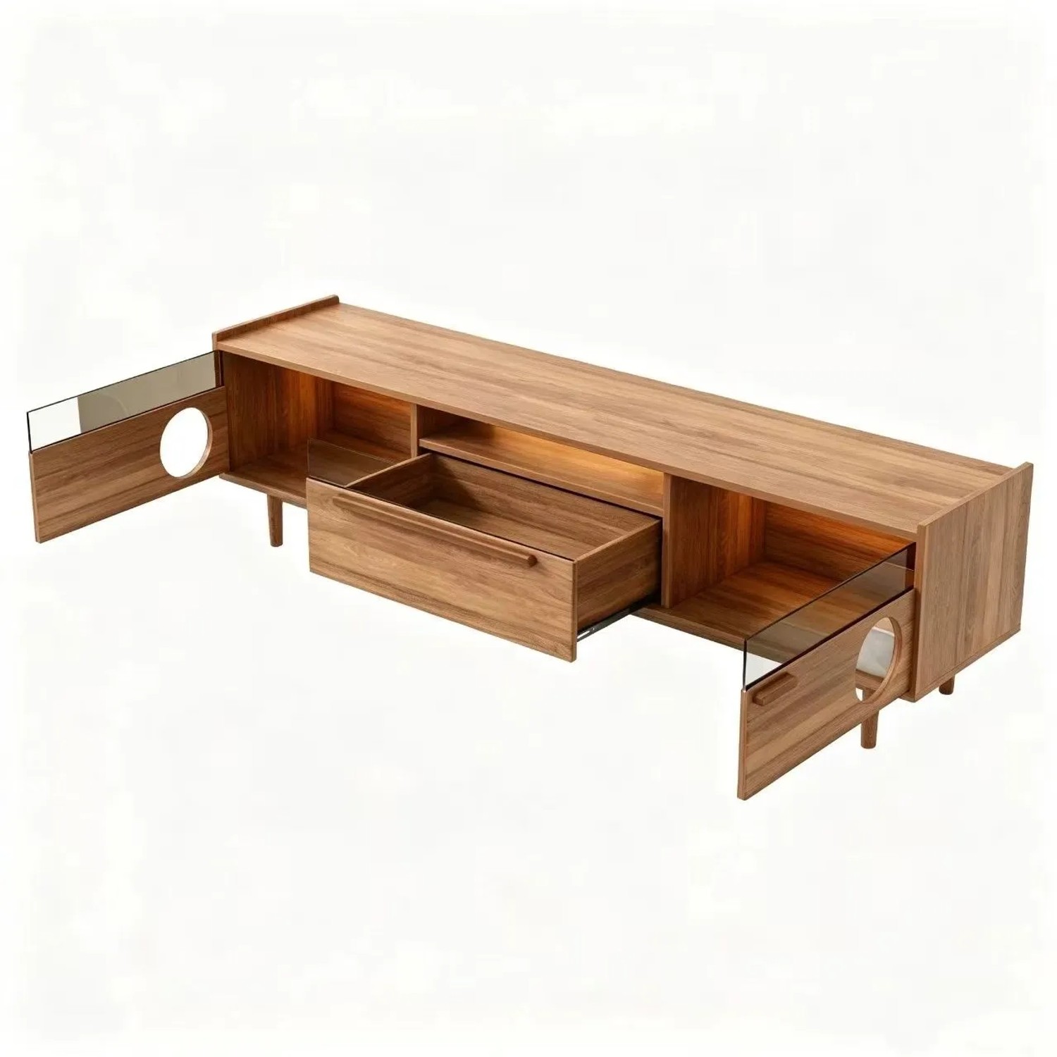 okwish TV Schrank mit LED Katzenruheraum Glas Türen Wohnzimmer 180x40x50cm Nussbaum