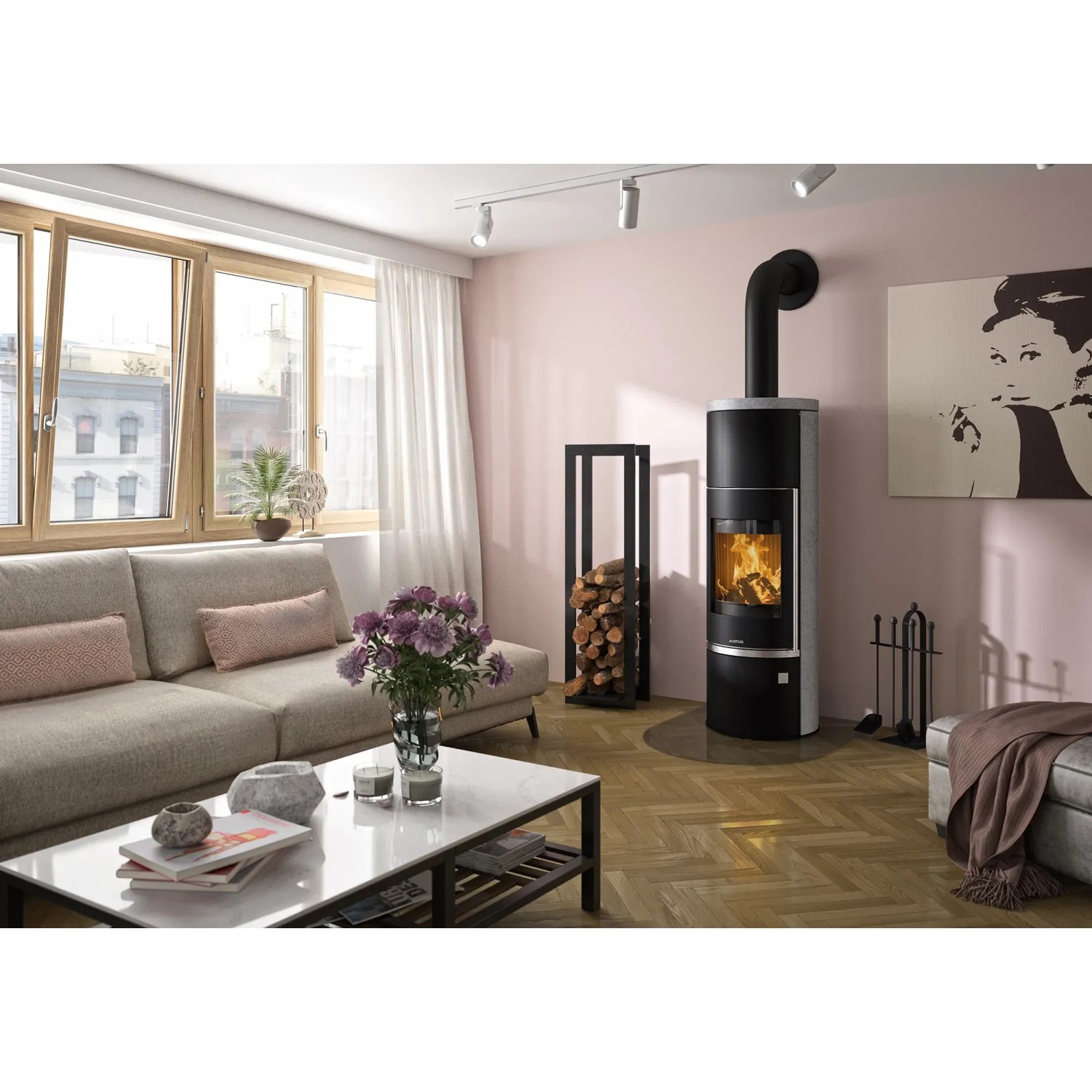 Justus Faro Aqua 2.0 Kaminofen Speckstein, schwarz-grau, 8,5 kW in Wohnraum-Szene.