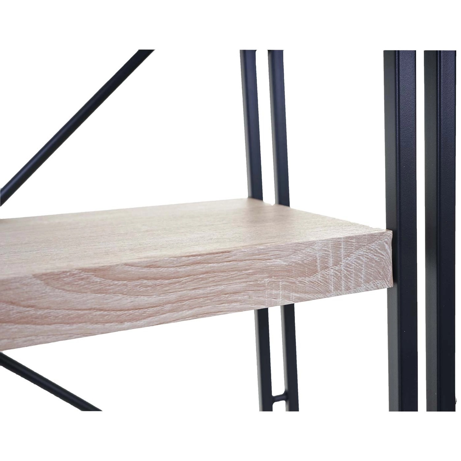 Detailaufnahme: MCW Bücherregal A27 mit 5 Ebenen in Eiche-Optik und schwarzem Metallgestell.