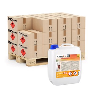 5L Flambiol Bioethanol 96,6% Premium Kanister vor Palette mit Kartons für Ethanol-Brenner & Kamine.