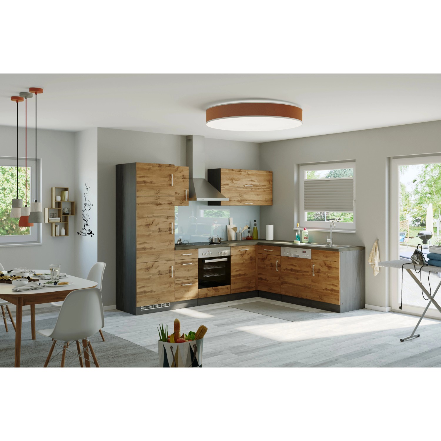 Held Möbel Küchenzeile Sorrento 210/ 270 cm Wotaneiche-Grafit o. E-Geräte Winkel