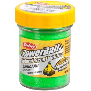 Berkley Trout Bait N.S. Garlic Spring Green im Glas, grüner Angelköder mit Knoblauchduft.