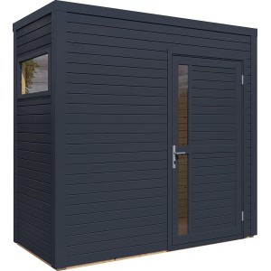 Modernes, anthrazitfarbenes Bertilo Holz-Gartenhaus Cubus 1 mit Fenster und Tür mit Glaseinsatz.