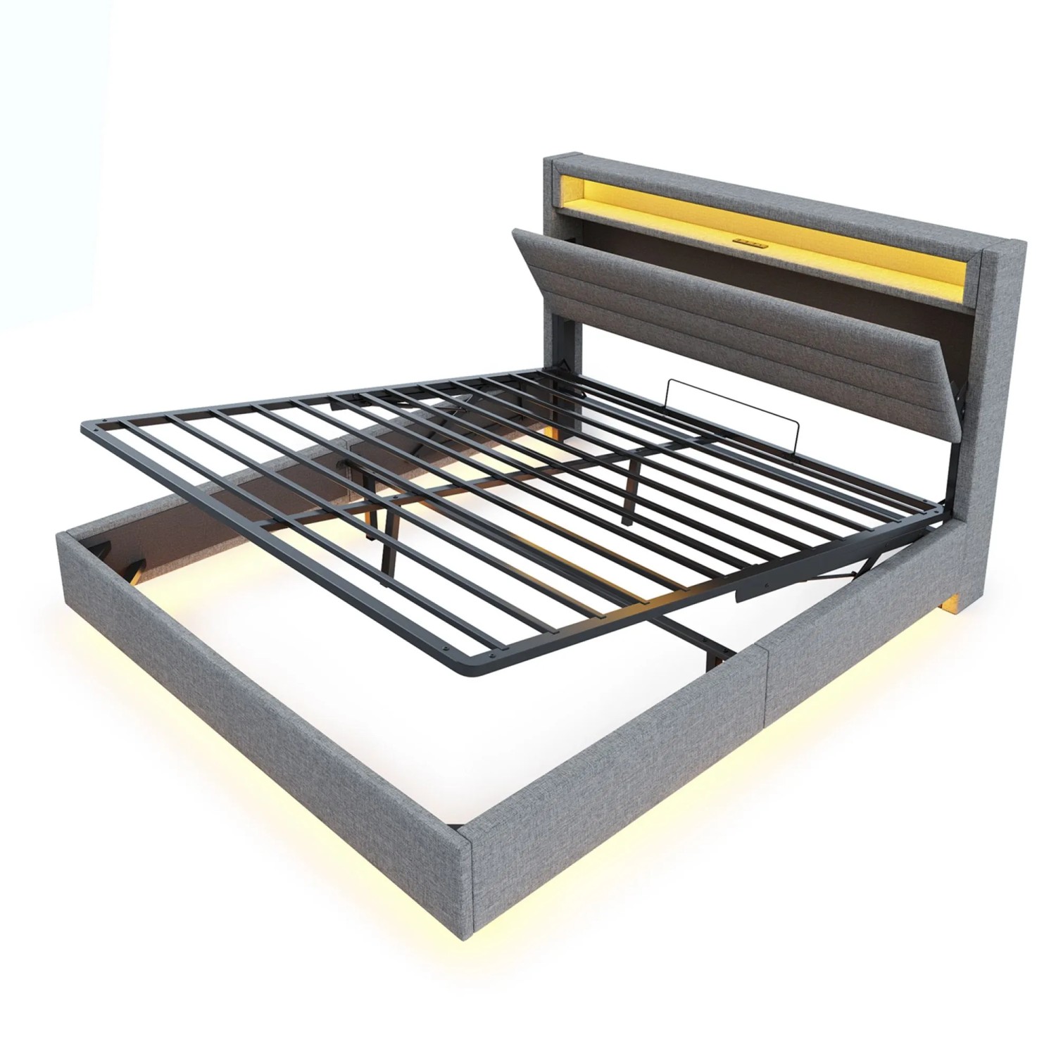 Merax Polsterbett 160x200cm LED USB Hydraulik Schwebebett Grau