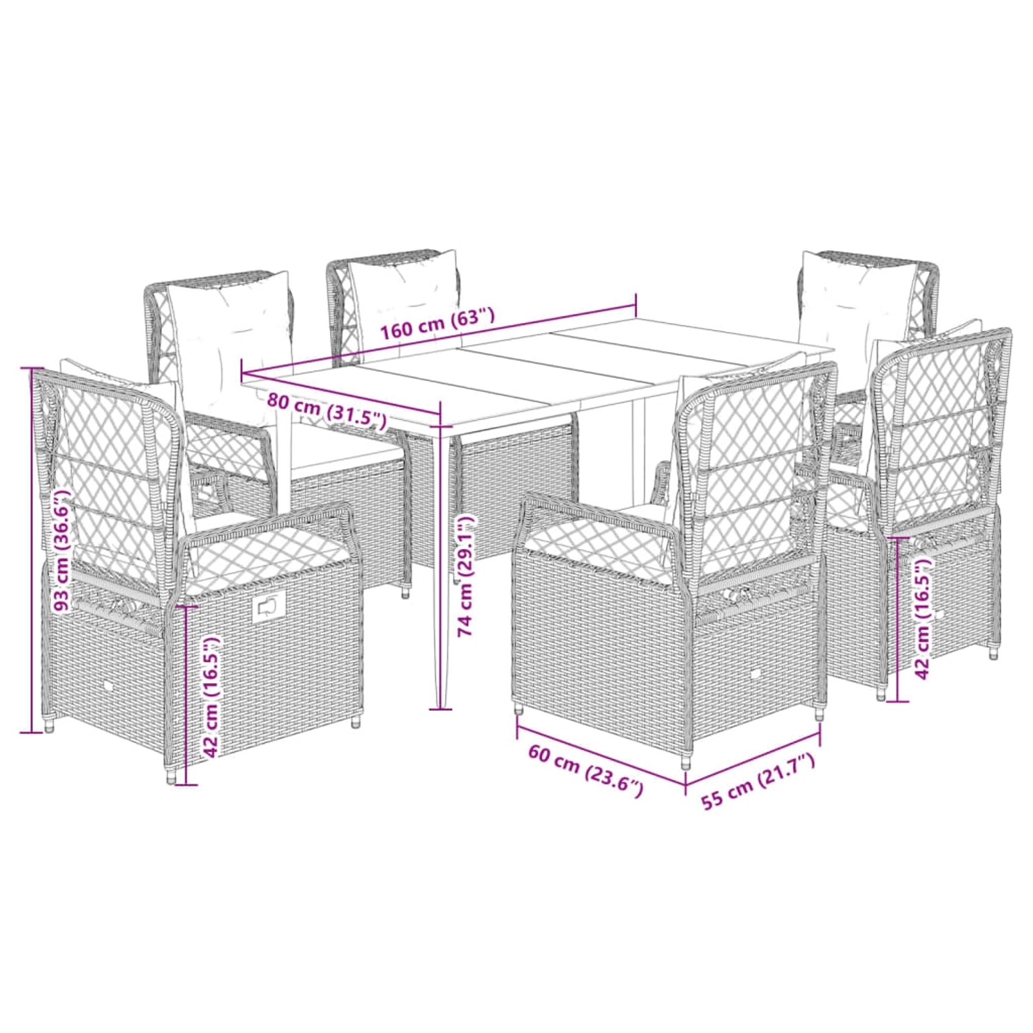 Braune 7-tlg. vidaXL Garten-Essgruppe aus Polyrattan mit Tisch und Stühlen inklusive Kissen.