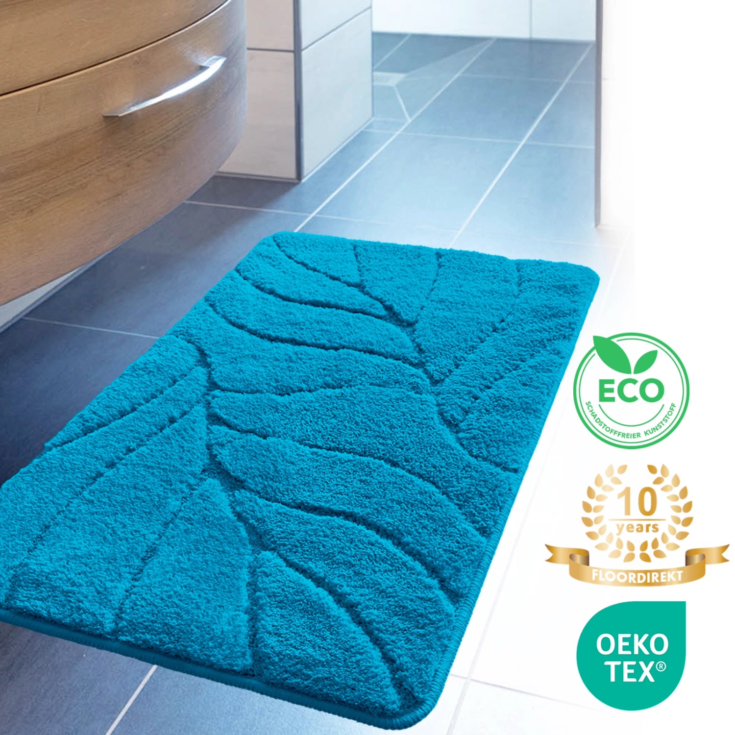 Türkise Karat Badematte Maris mit Blattstruktur, 40x60 cm. Badvorleger/Badteppich für Badezimmer.