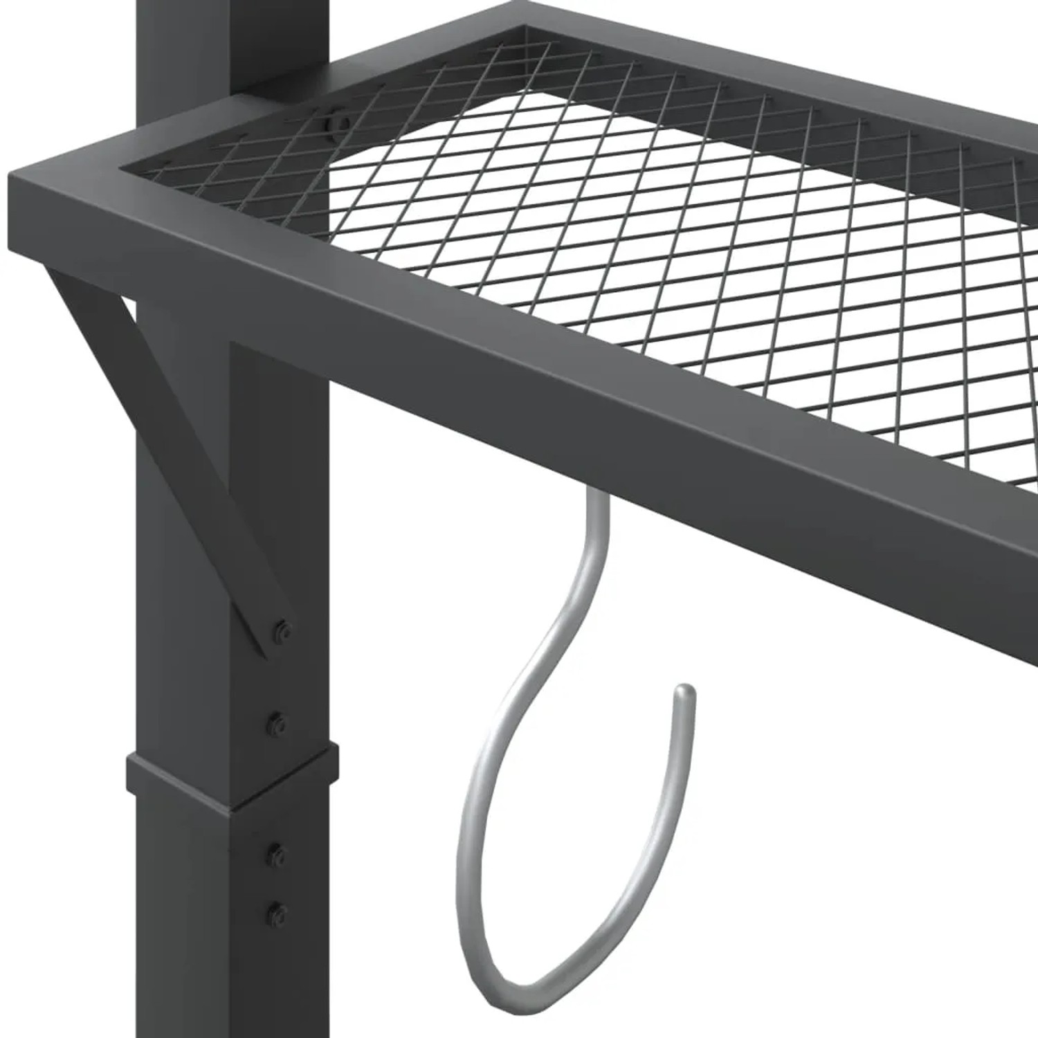 Detailansicht Pavillon: Anthrazitfarbenes Metallgestell mit Ablagegitter und Haken.