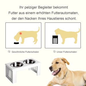 Weißer erhöhter PawHut Hundenapf mit zwei Edelstahlnäpfen. Ergonomische Futterstation für Hunde, schont den Nacken.