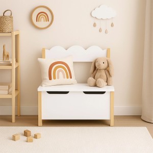 Relaxdays Kinderbank mit Stauraum MDF Kiefernholz Filz Weiß Natur Softclose 60 cm x 60 cm x 25 cm 8,8 kg