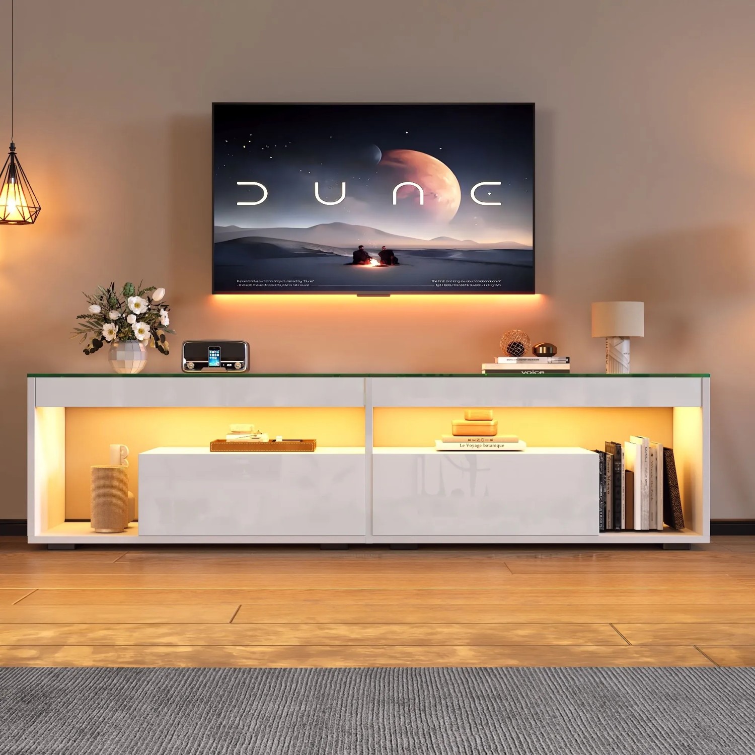 Merax TV Lowboard LED Hochglanz 2 Schubladen Für 70 Zoll TV Weiß