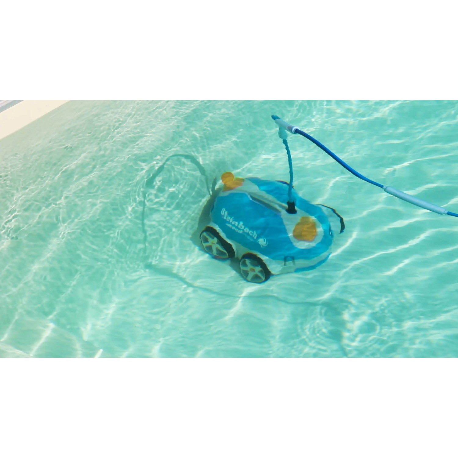 Steinbach Bodensauger Speedcleaner Poolrunner im Pool, blau-weißes Design.