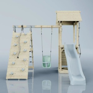 OutdoorToys Spielturm Trondheim mit Babyschaukel in Eisblau: Kletterwand, Rutsche und Schaukel für Kinder.