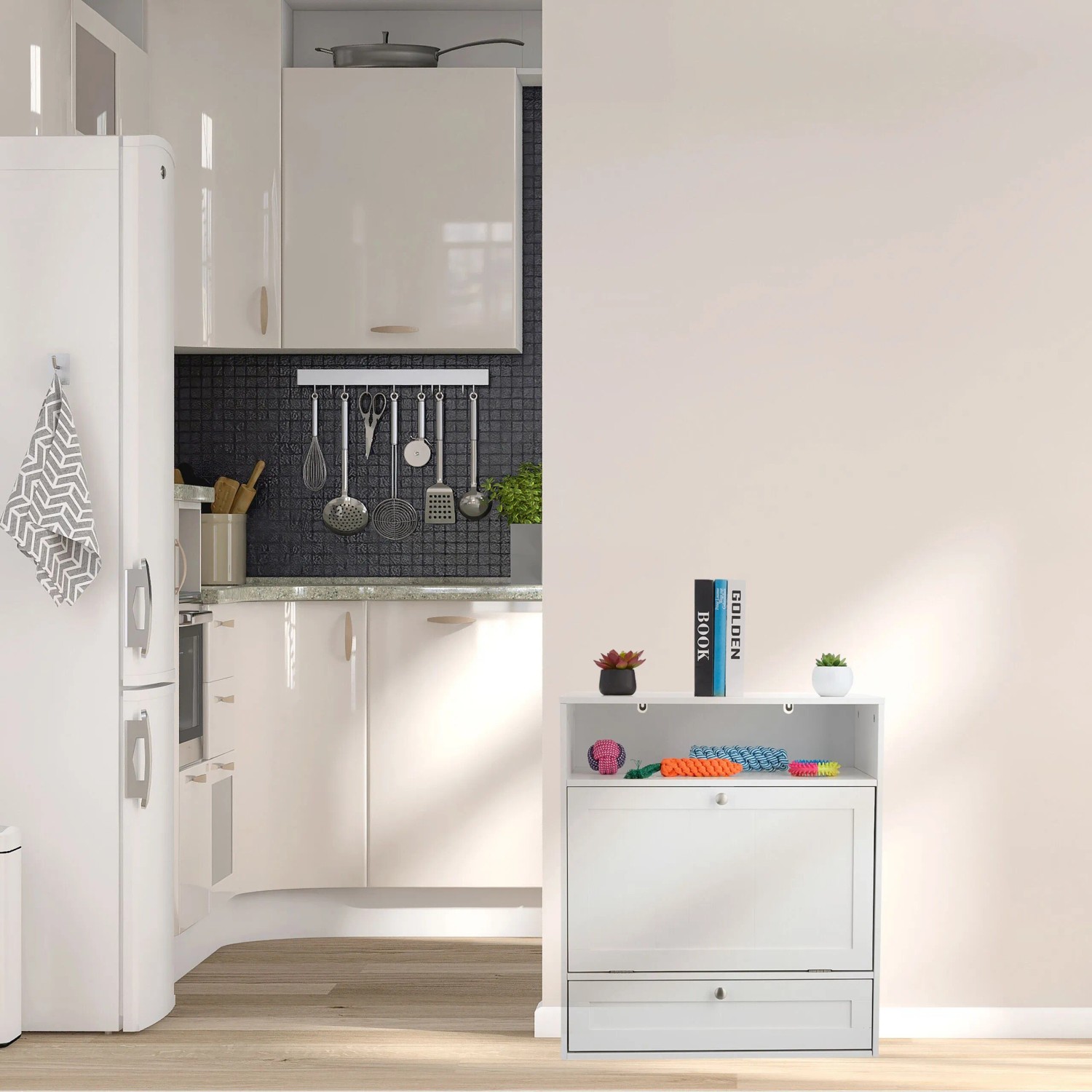 Relaxdays Futterschrank Hunde MDF Edelstahl Weiß Silber Mit Kippfach Kippschutz 68 cm x 60 cm x 33 cm 18,2 kg_2