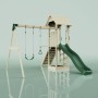 PolarPlay Spielturm Vimmerby mit Schaukel, Trapezstange und grüner Rutsche.
